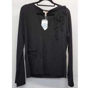 REBECCA TAYLOR Crochet Appliqué Slim Fit V-Neck Cotton Sweater